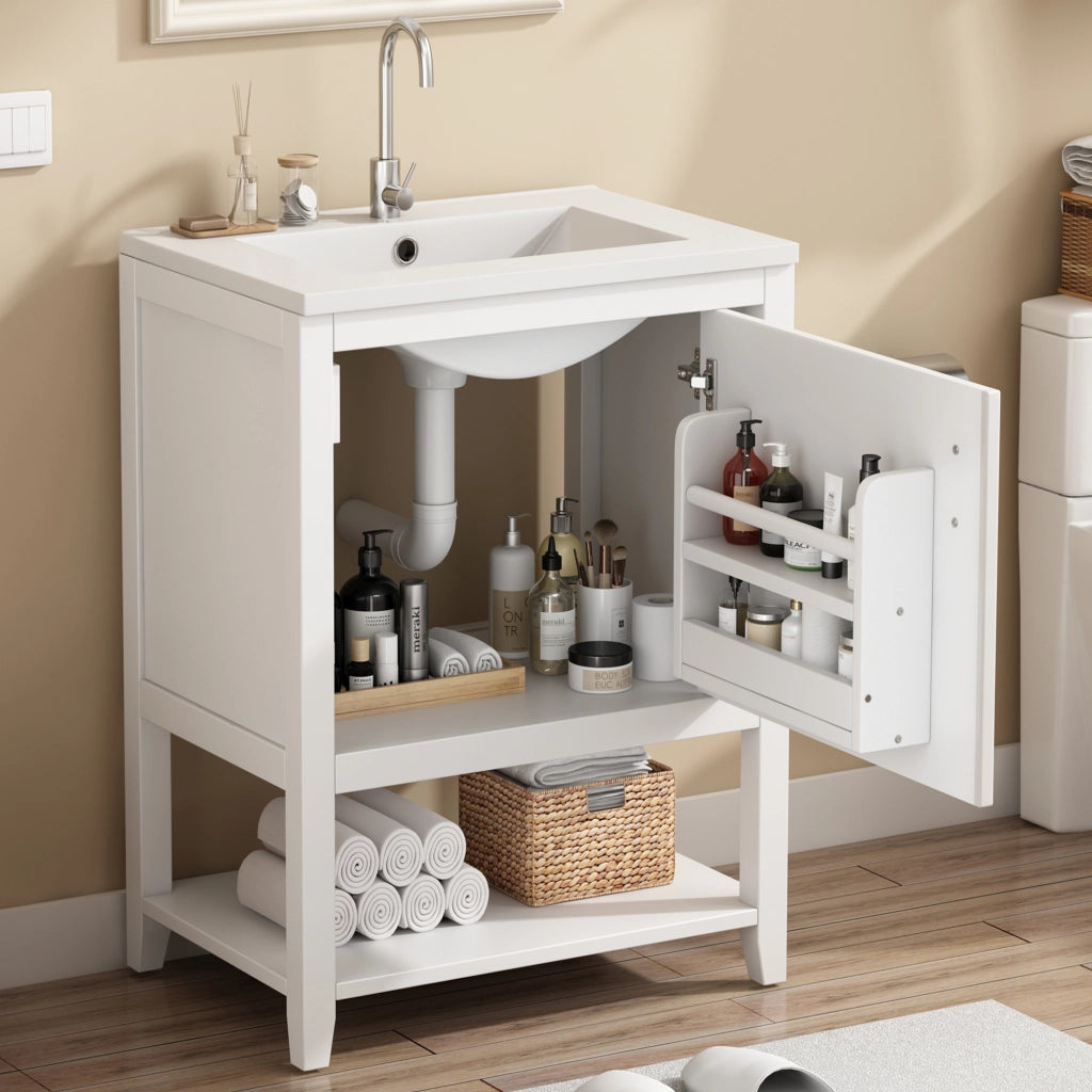 Mobile sottolavabo con lavabo in ceramica e ripiano - per bagno - in MDF - bianco