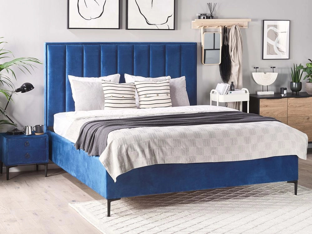 Letto in velluto blu navy matrimoniale 140 x 200 cm con poggiatesta imbottita contenitore ottomana gambe in metallo Nero