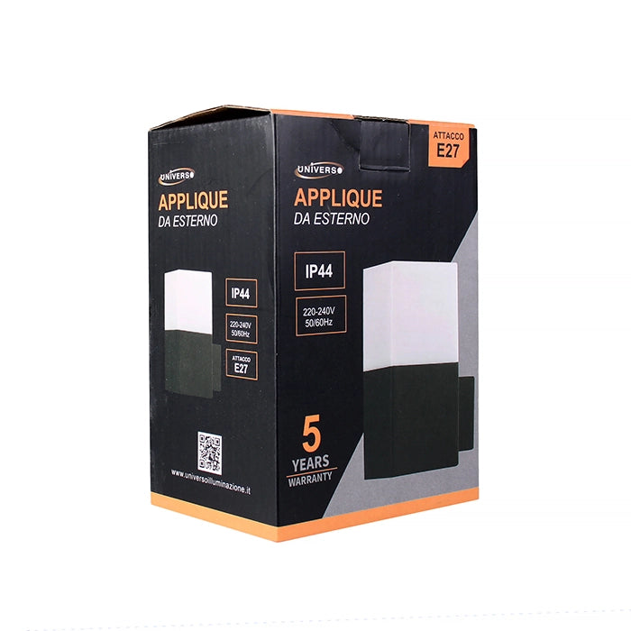 APPLIQUE DA PARETE PER ESTERNO IN ALLUMINIO NERO E ACRILICO ATTACCO E27 - COMPATIBILITA' CON LAMPADINE FINO A 12W