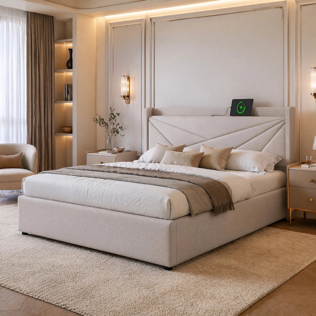 Letto matrimoniale 140x200 cm con contenitore, testiera USB e Type-C, beige