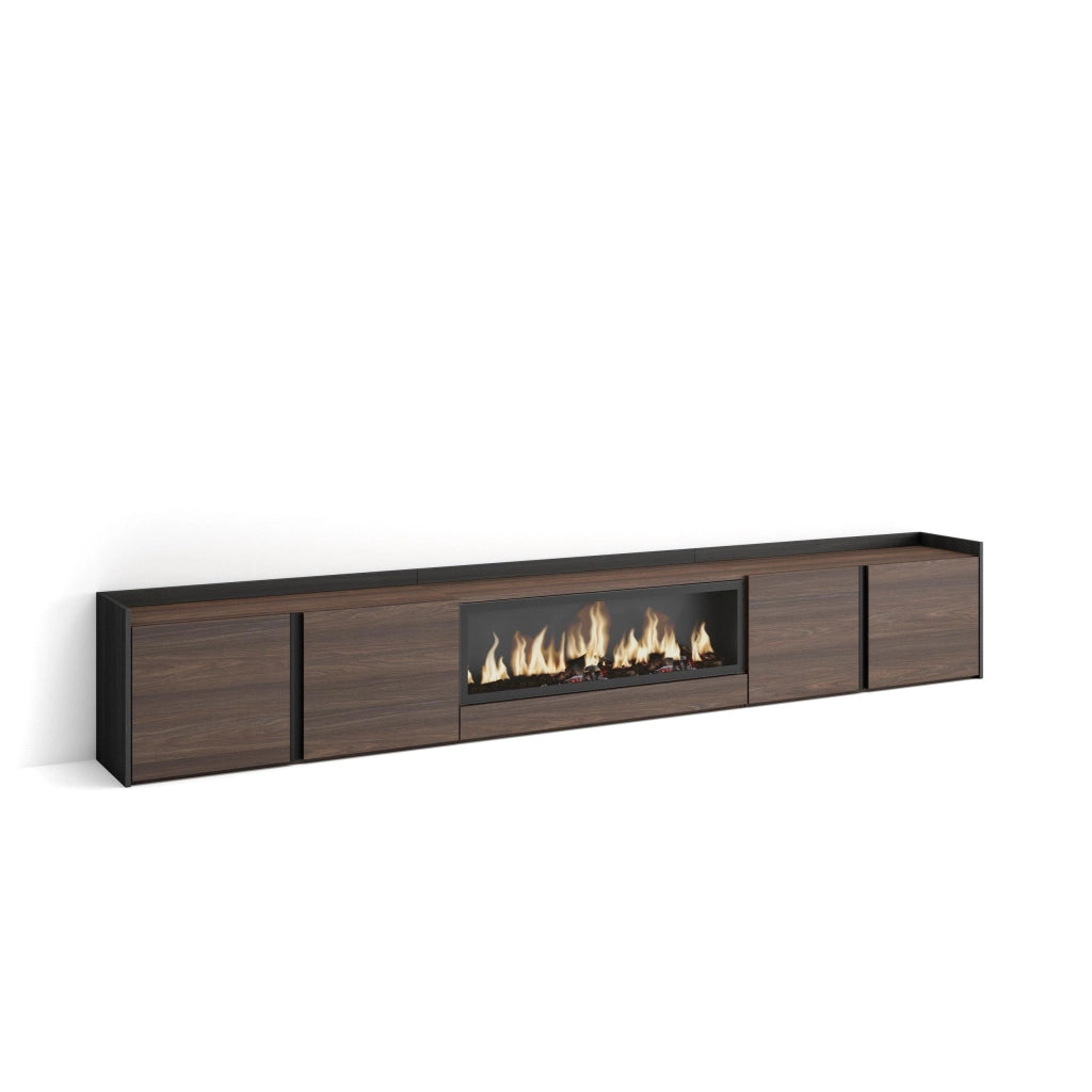 Mobile TV Soggiorno, 315x50x35 cm, Per TV fino a 80", Camino elettrico XXL, Rovere scuro e Nero