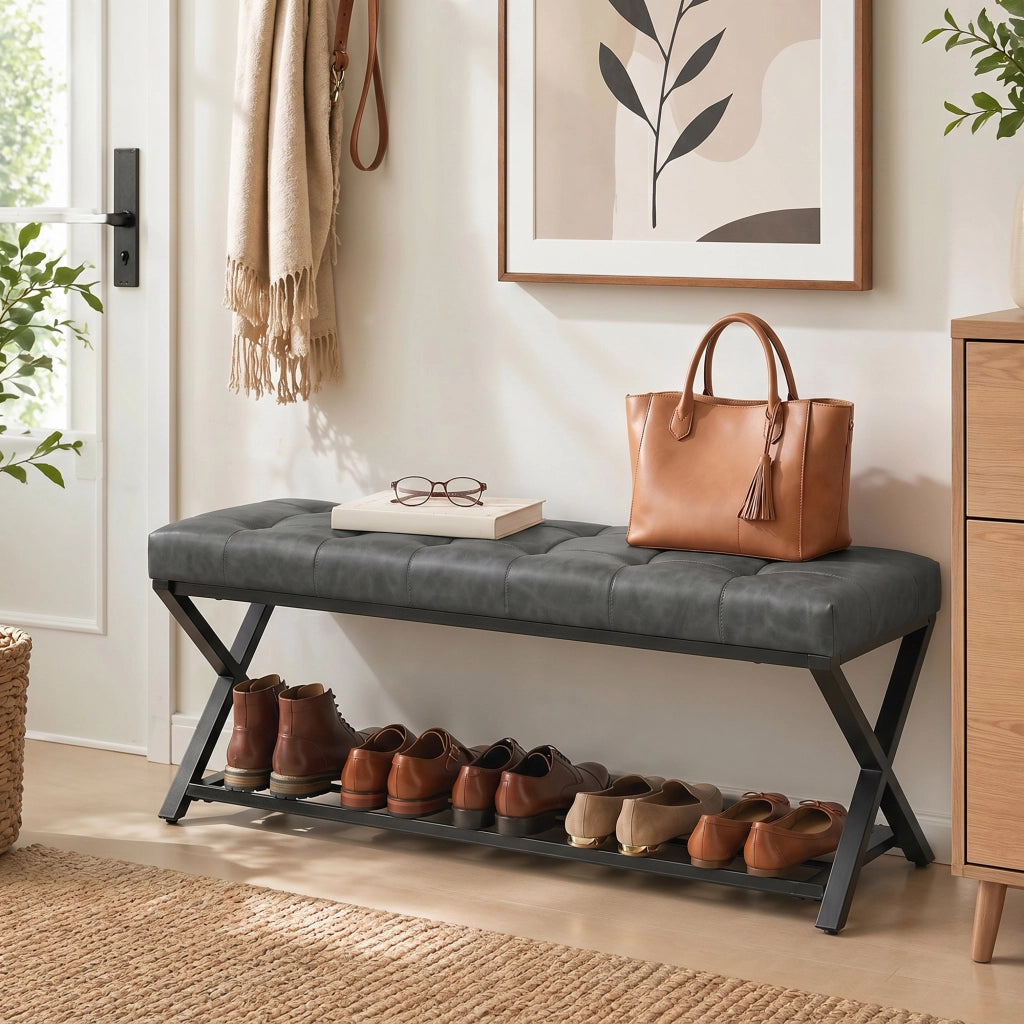 Panca per ingresso in pelle sintetica ¨C Minimal ¨C 112x37x47 cm, grigio scuro