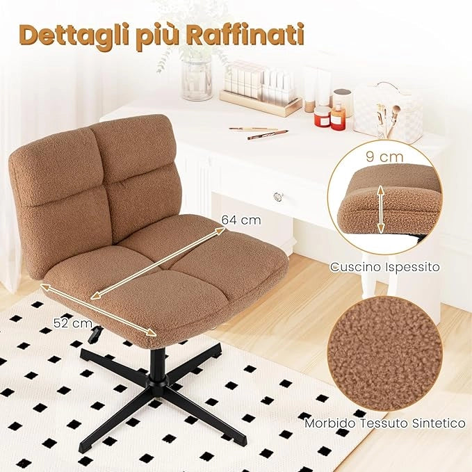 Sedia da Ufficio senza Braccioli, Sedia da Scrivania a Gambe Incrociate con Altezza Regolabile, Rotazione a 360°, Tessuto Morbido, Ampia Seduta Imbottita, Portata 160 kg
