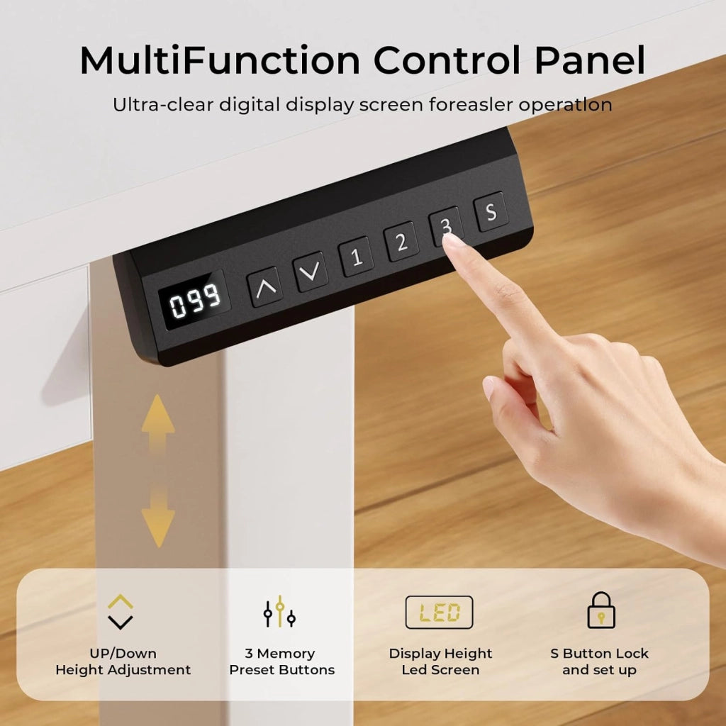 Scrivania elettrica regolabile in altezza, 120 x 60 cm, con cassetti, supporto per monitor, supporto per tablet, con 3 altezze di controllo memoria, bianco