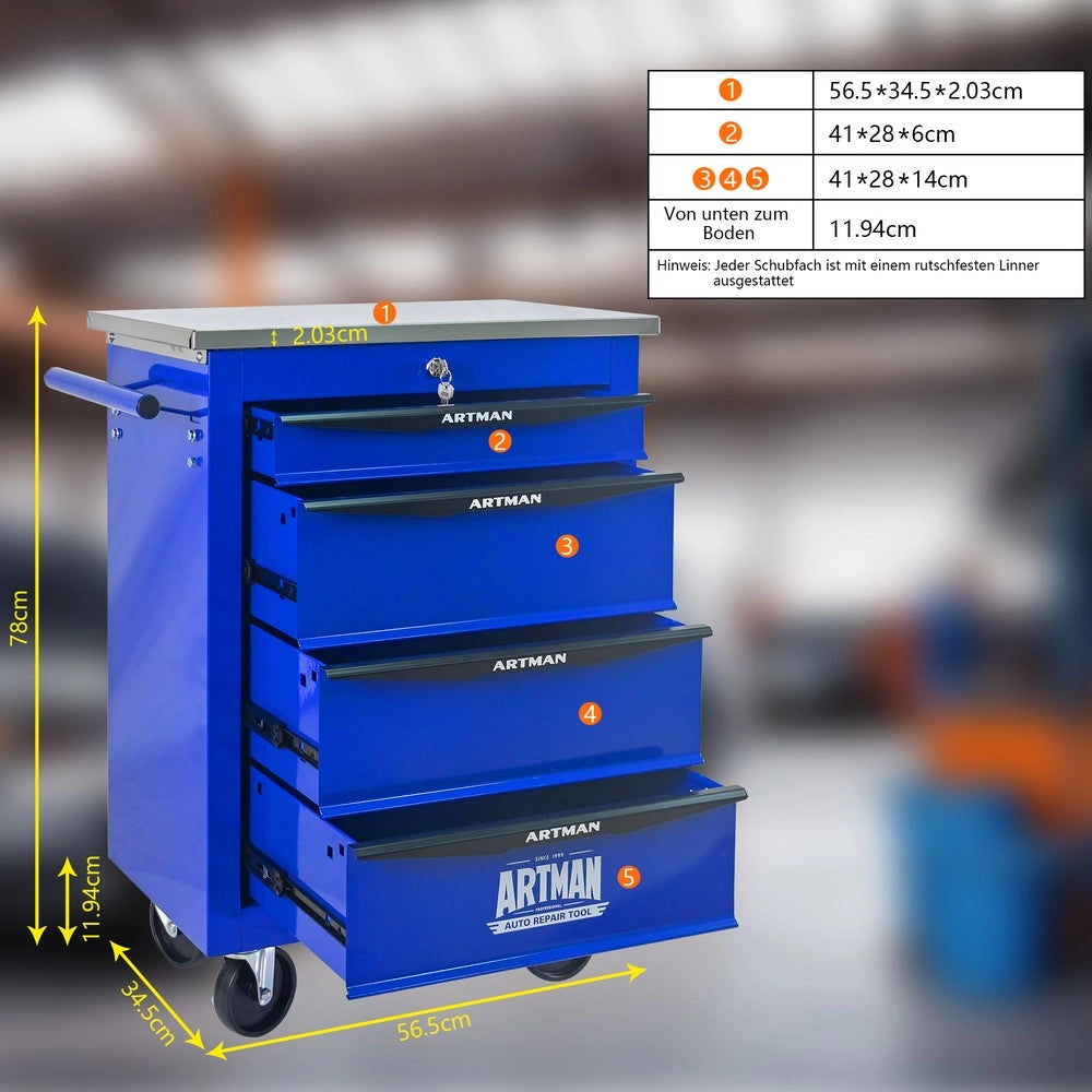 Carrello Porta Utensili con 4 Cassetti e Ruote ¨C MINIMAL ¨C Metallo, Piano in Acciaio, Nero e Blu