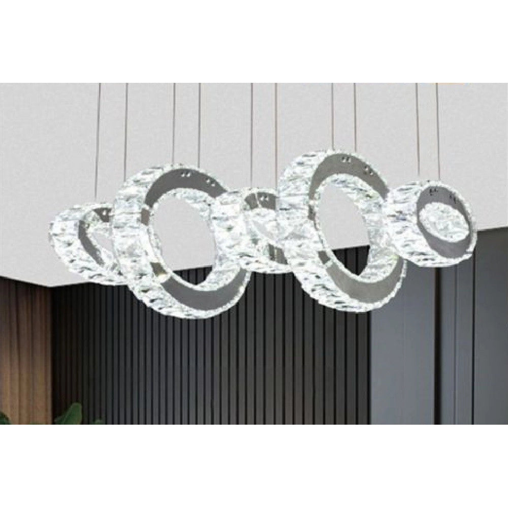 Trade Shop - Lampadario Led A Sospensione 42watt 5 Anelli Con Cristalli Luce Fredda 8000k B58 -
