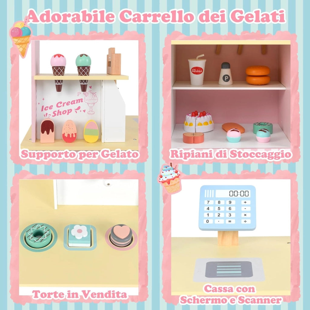 Gelateria Giocattolo per Bambini con Gelatiera, Carrelo dei Gelati in Legno con Ruote e Maniglia, Negozio di Gelati Giocattolo con Cassa e 15 Accessori, per Bambini di 3 + Anni (Rosa)