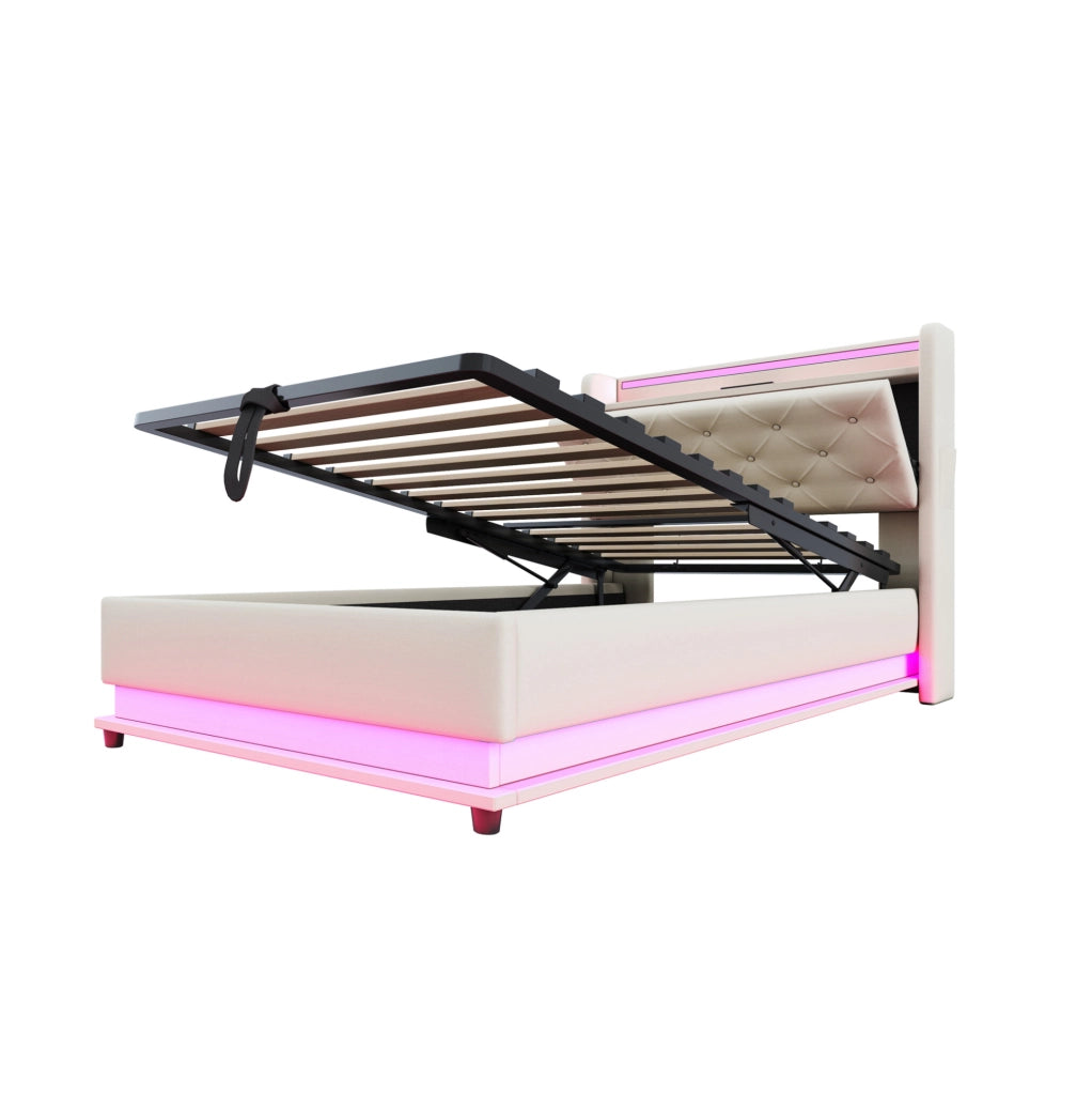 Letto imbottito 90x200 cm; testiera apribile e luci LED; lino beige