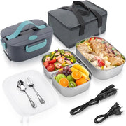 Lunchbox elettrica 80W con sistema interno combinato 2x1,5L, 3-in-1 12V/24V/110~240V, thermica, con riscaldamento alimentare in acciaio inossidabile impermeabile per auto/trattori/ufficio/camping, inclusa la scatola con utensili e sacchetto isolante.