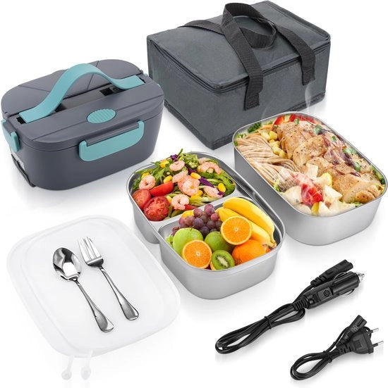 Lunchbox elettrica 80W con sistema interno combinato 2x1,5L, 3-in-1 12V/24V/110~240V, thermica, con riscaldamento alimentare in acciaio inossidabile impermeabile per auto/trattori/ufficio/camping, inclusa la scatola con utensili e sacchetto isolante.