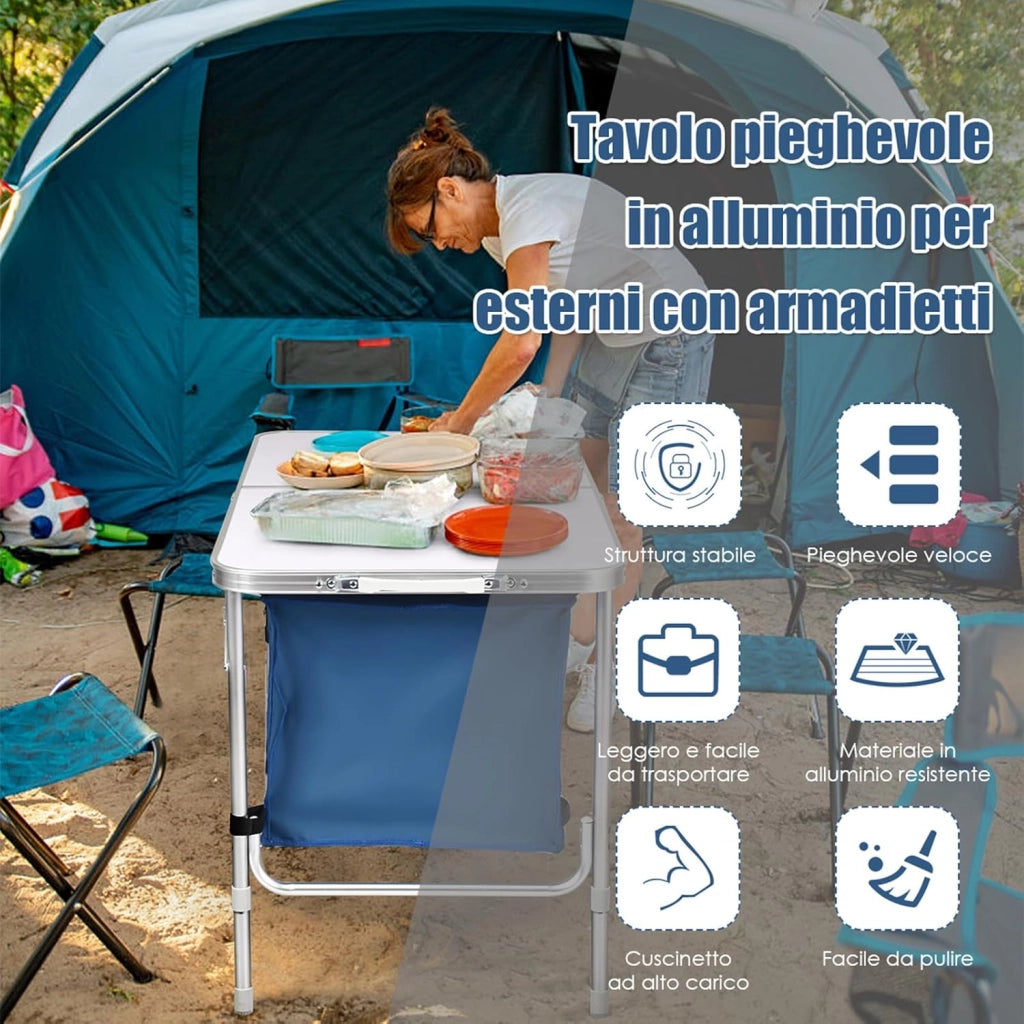 Tavolo da Campeggio Pieghevole Ultraleggero Portatile Compatto, con Scompartimenti, con Sacco di Scompartimento, per Interno e Esterno (Blu)