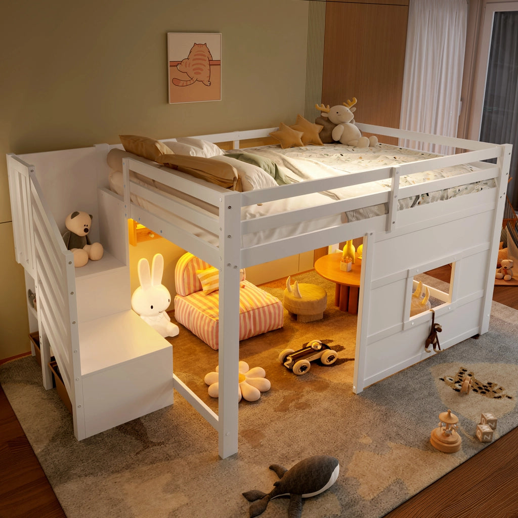 Letto a Soppalco 140x200 cm con Scala Contenitore; Finestra e LED - Bianco