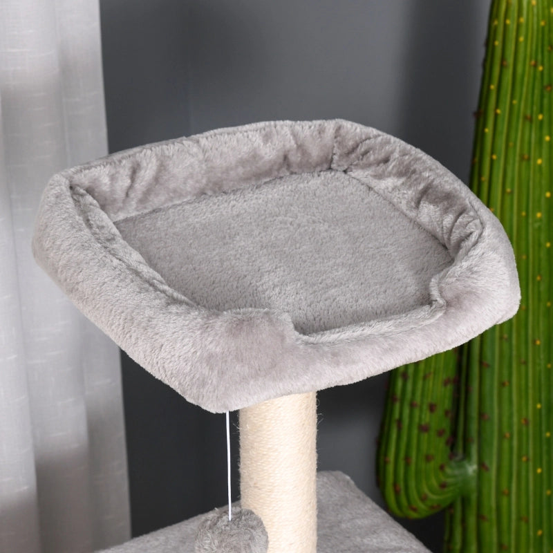 Albero tiragraffi per gatti multi-livello 120 cm con cuccia, piattaforme e scala, grigio chiaro