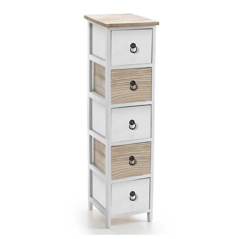 CASSETTIERA IN LEGNO CON 5 CASSETTI IN COLORE BIANCO E NATURALE 26 X 32 X 98 CM