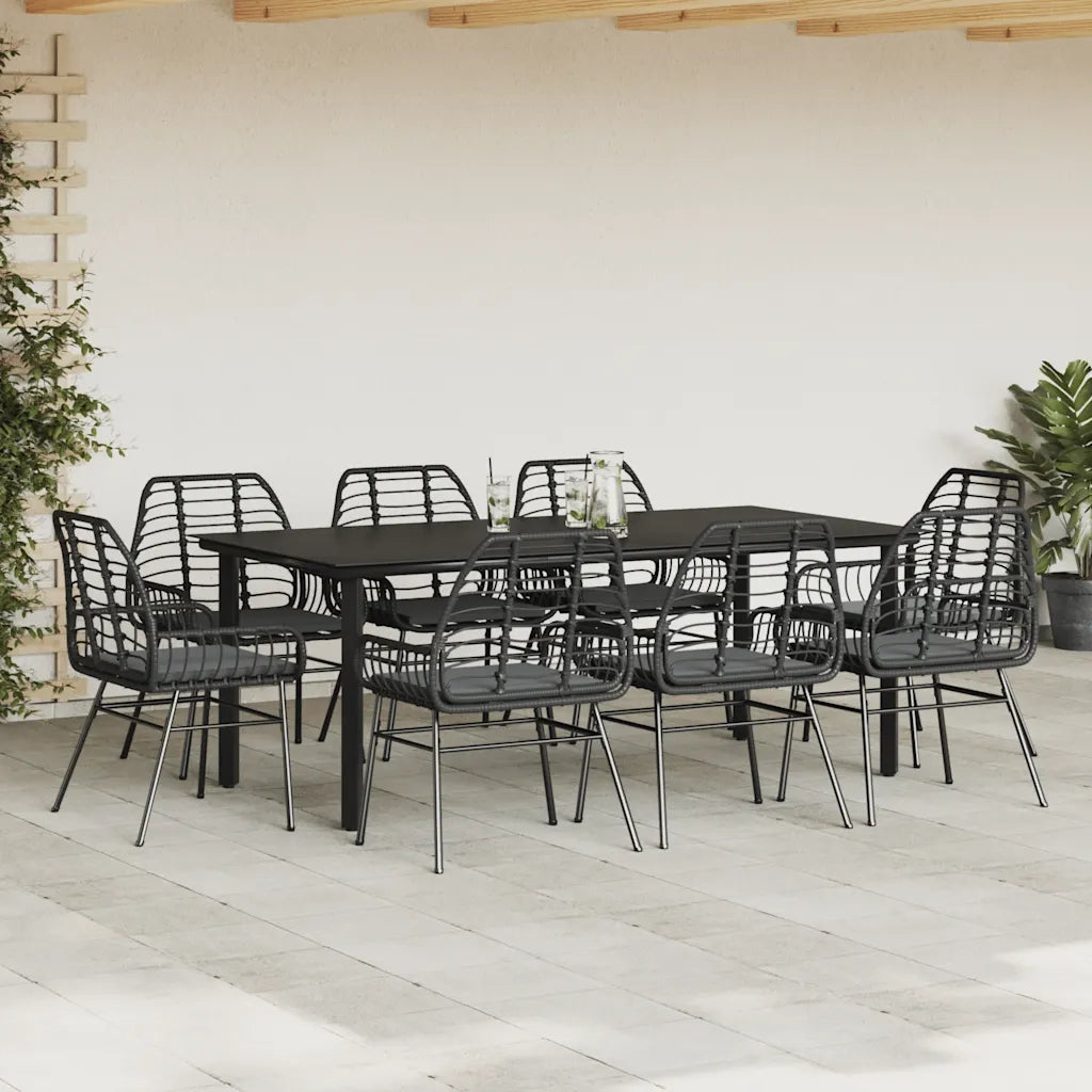 Set da Pranzo da Giardino 9 pz con Cuscini Polyrattan Vetro