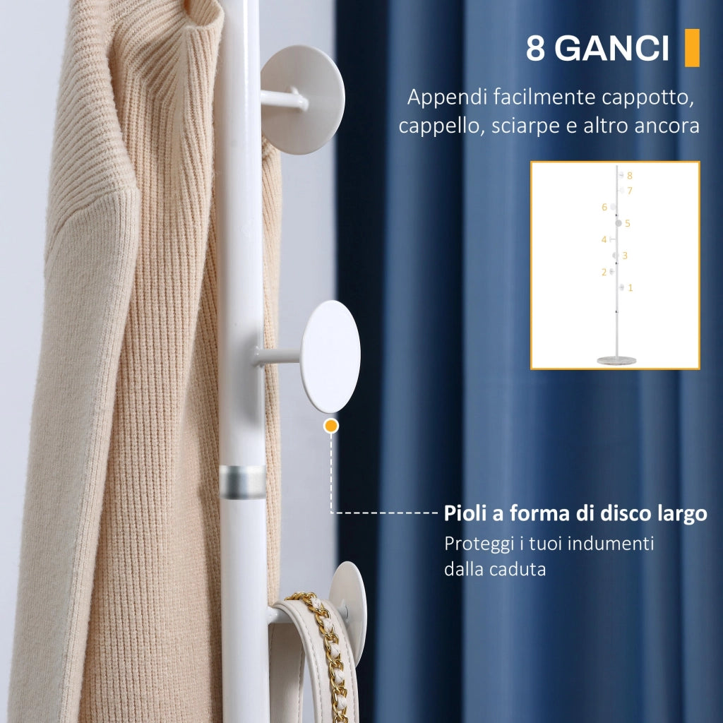 Appendiabiti da Terra 35x35x170 cm 8 Ganci Base Rotonda in Marmo Bianco