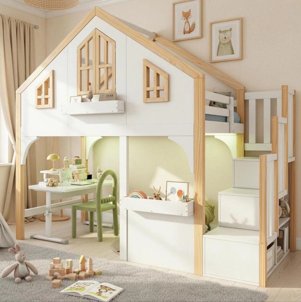 Letto a soppalco per bambini 90x200 cm con scala contenitore e LED