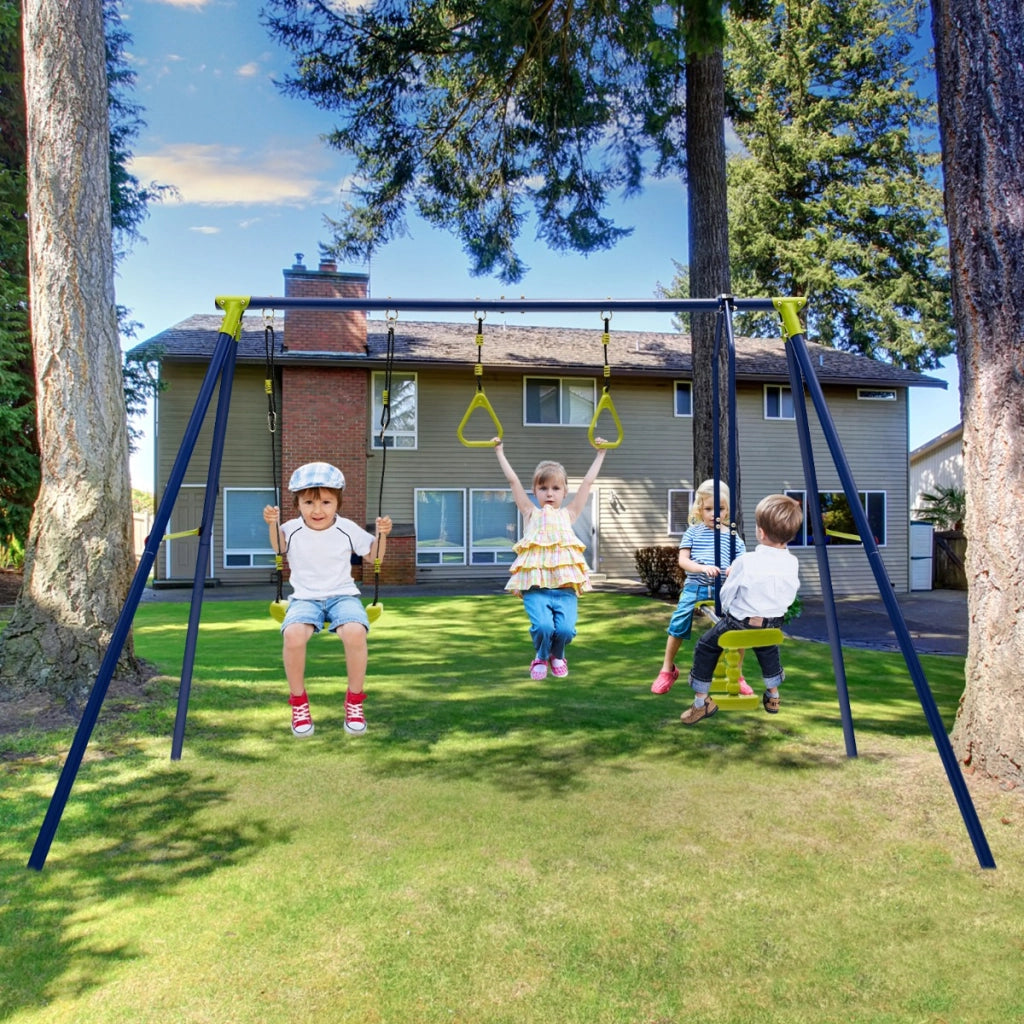 Supporto per altalena 3-in-1 con anelli da ginnastica, Attrezzature per giochi all¡¯aperto con picchetti da terra-Altalene e dondoli