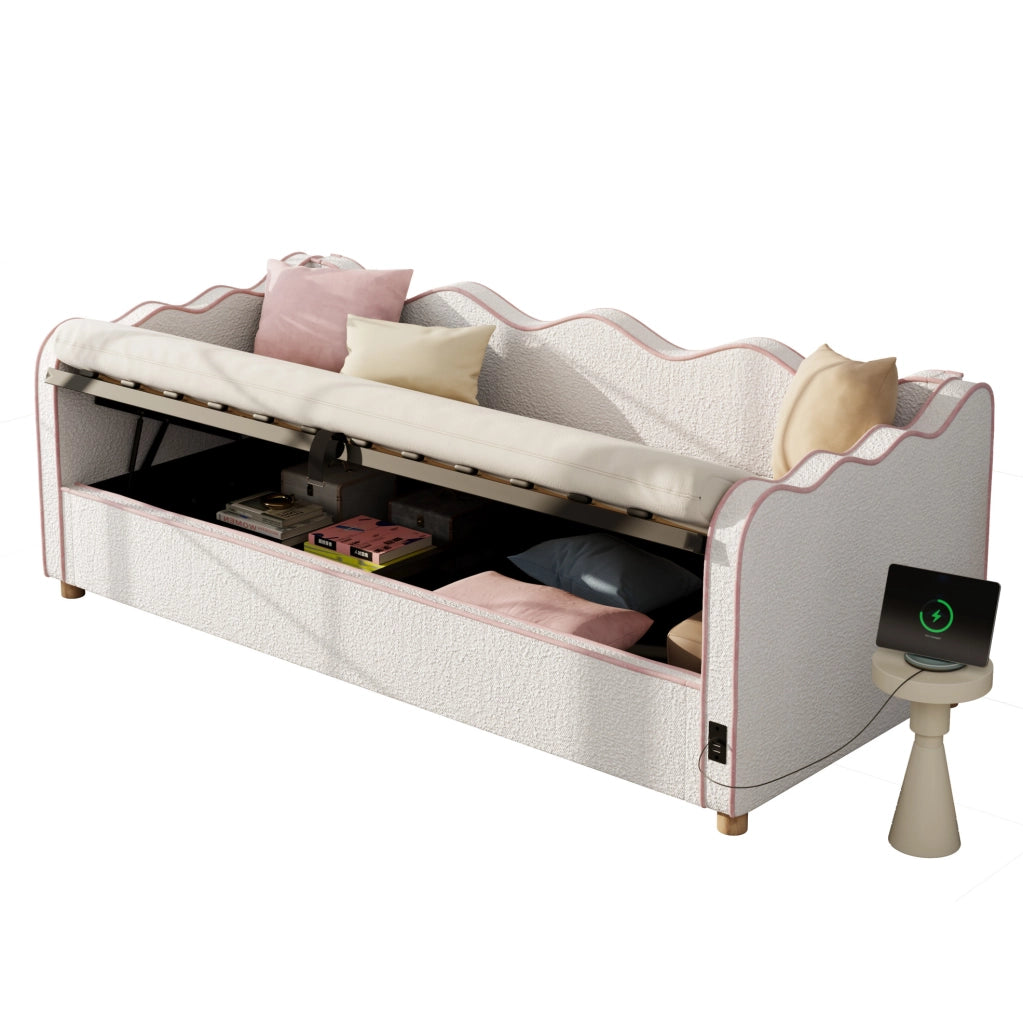Letto da giorno imbottito 90x200 cm con contenitore idraulico e presa USB/Type-C