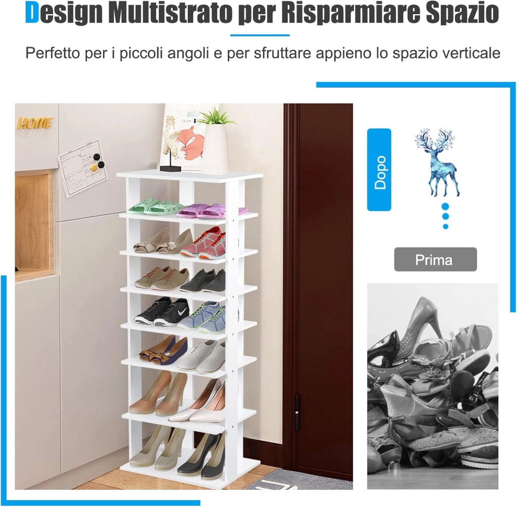 Scarpiera Verticale a 7 Livelli, Organizer per Scarpe in Stile Retrò, con Pannello Rimovibile, Scaffale per Scarpe per Corridoio Ingresso Armadio, 45x25x110 cm (Bianco)