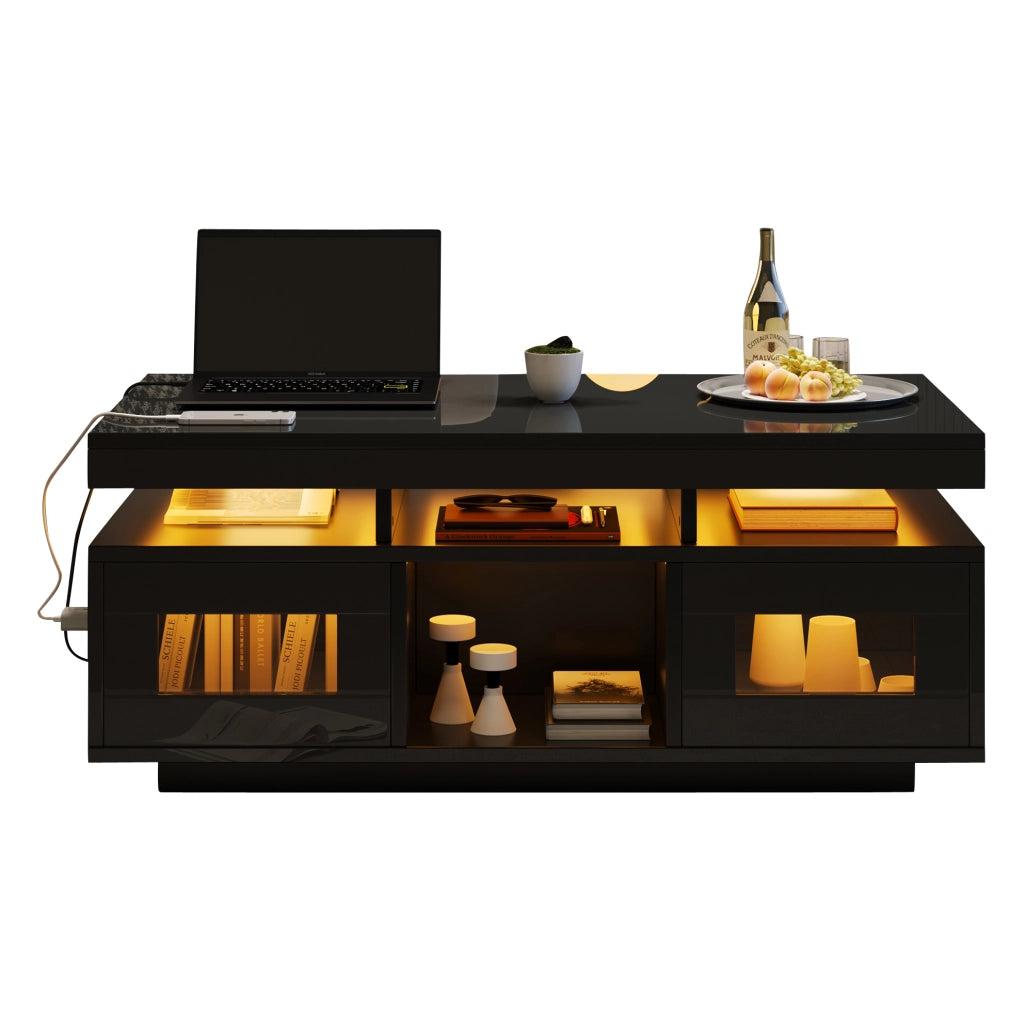 Tavolino da caffè 100x50x43 cm nero lucido con LED controllabili da app; presa e USB