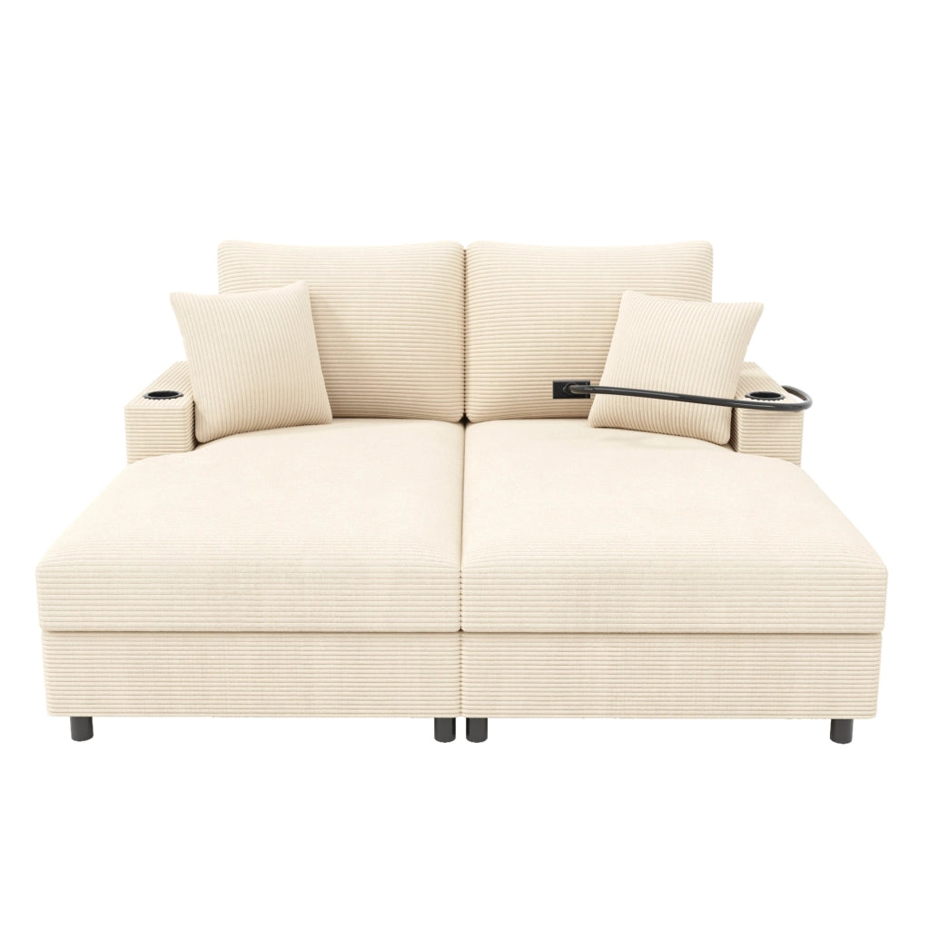 Divano letto 2 posti 163x140x82 cm in tessuto beige con USB e portabicchieri