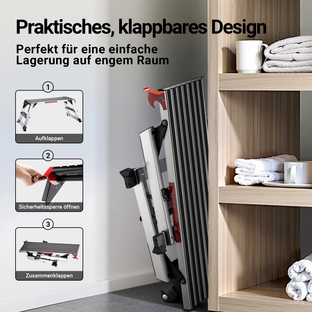 Piattaforma da lavoro pieghevole in alluminio, scala da lavoro mobile con piattaforma, superficie di lavoro 95 x 30 cm, sgabello per lavori