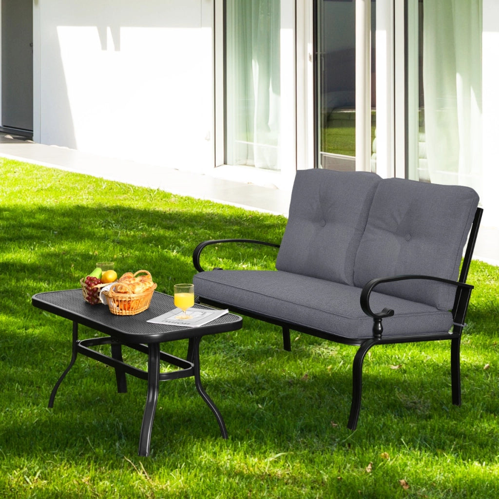 Set da giardino 2 pezzi con cuscini imbottiti, Panchina da esterno a 2 posti e tavolino da balcone Grigio scuro
