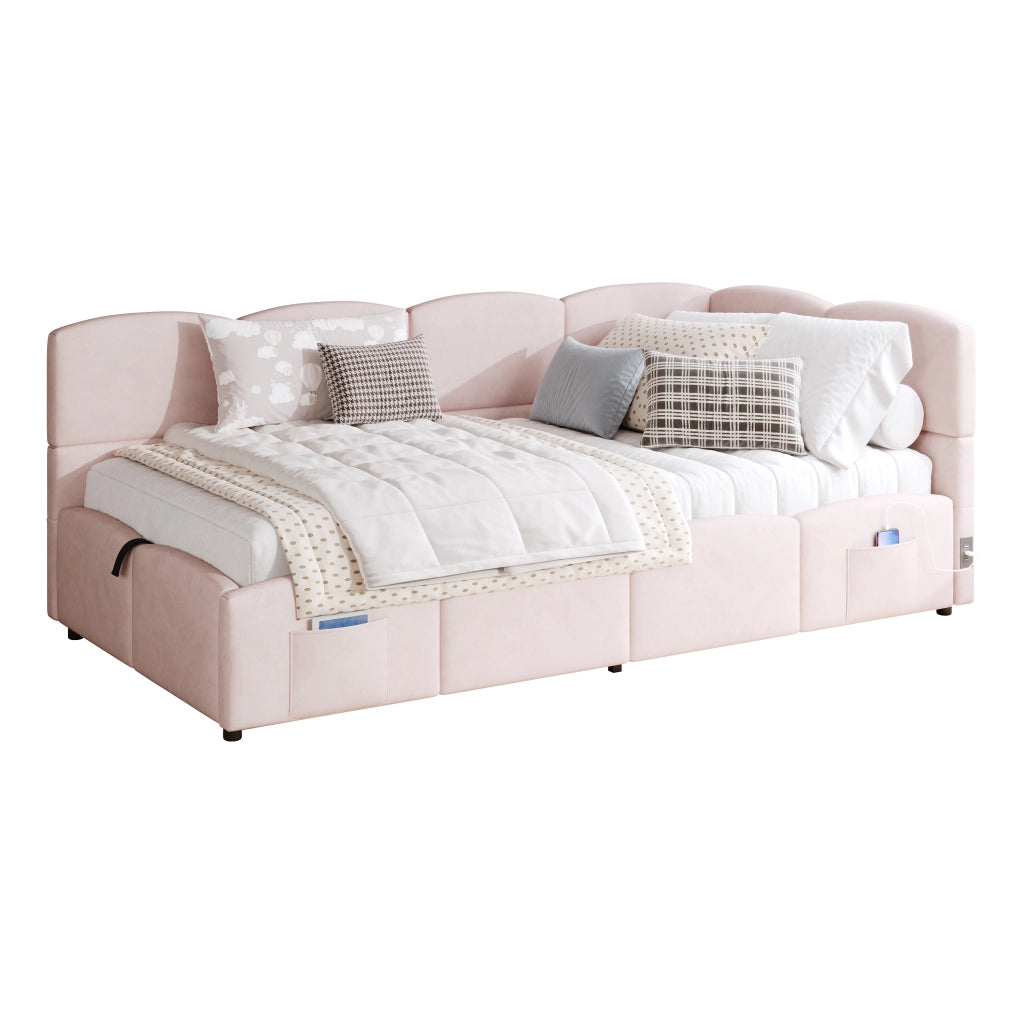 Letto Contenitore Letto Singolo 90x200 cm con USB-A; USB-C e Tasche in Velluto Rosa