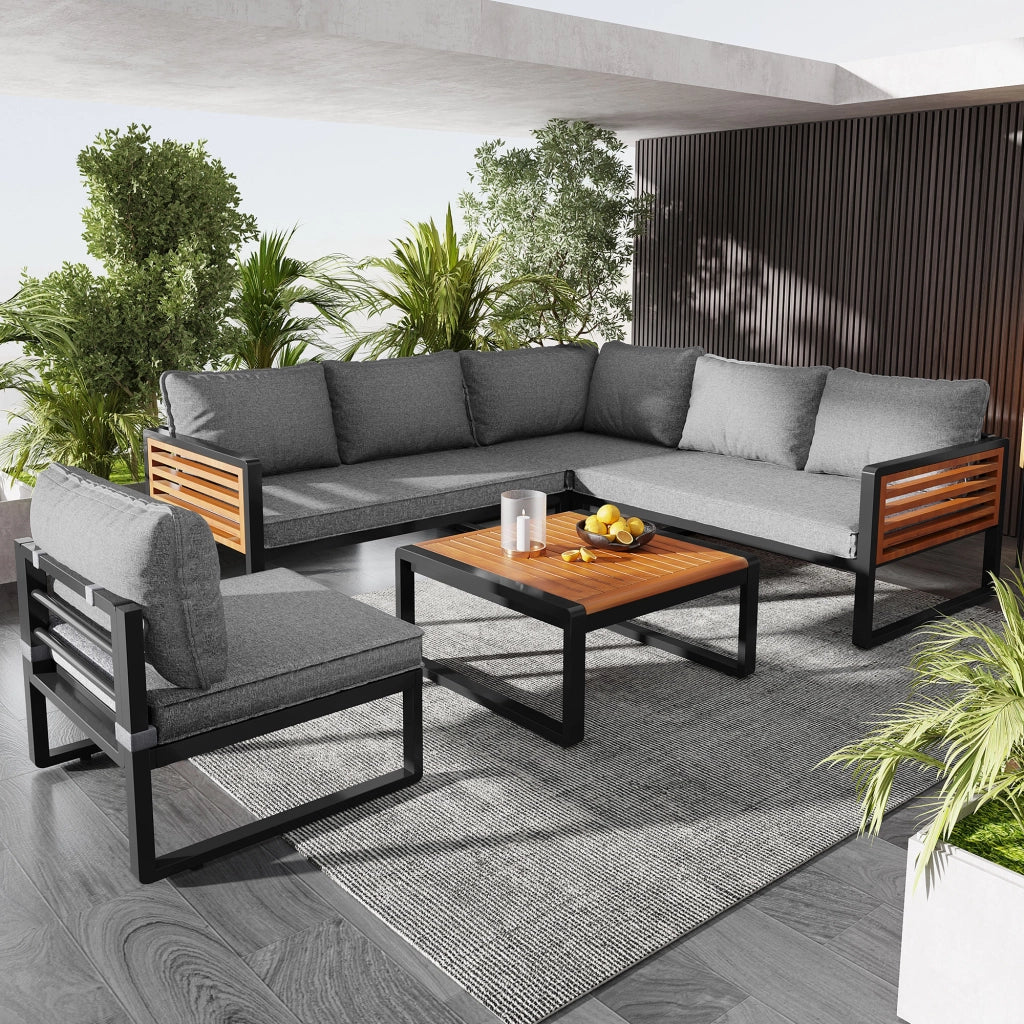 Set Divano da Giardino 5-6 Posti con Braccioli in Legno ¨C MINIMAL ¨C Polyrattan, Metallo