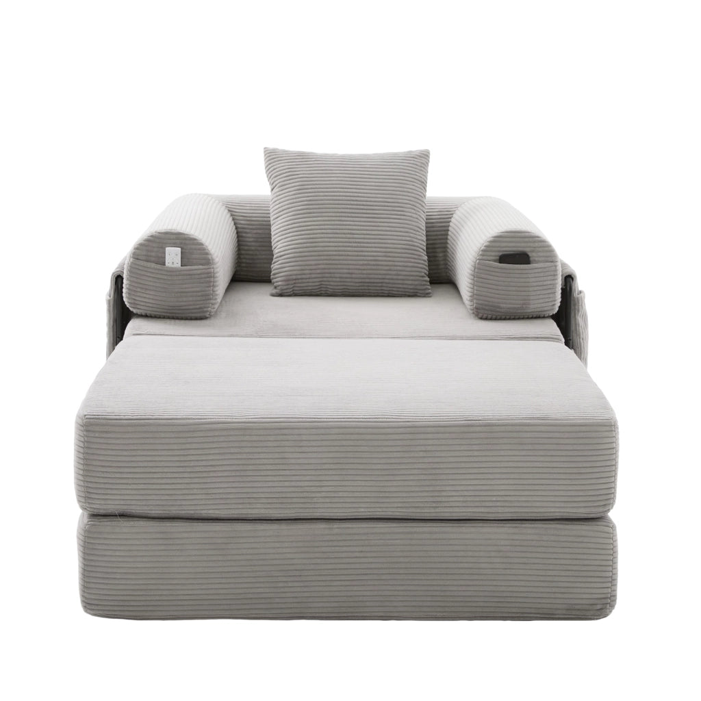 Divano modulare in corduroy con pouf, struttura in metallo, cuscino e tasca laterale, grigio chiaro