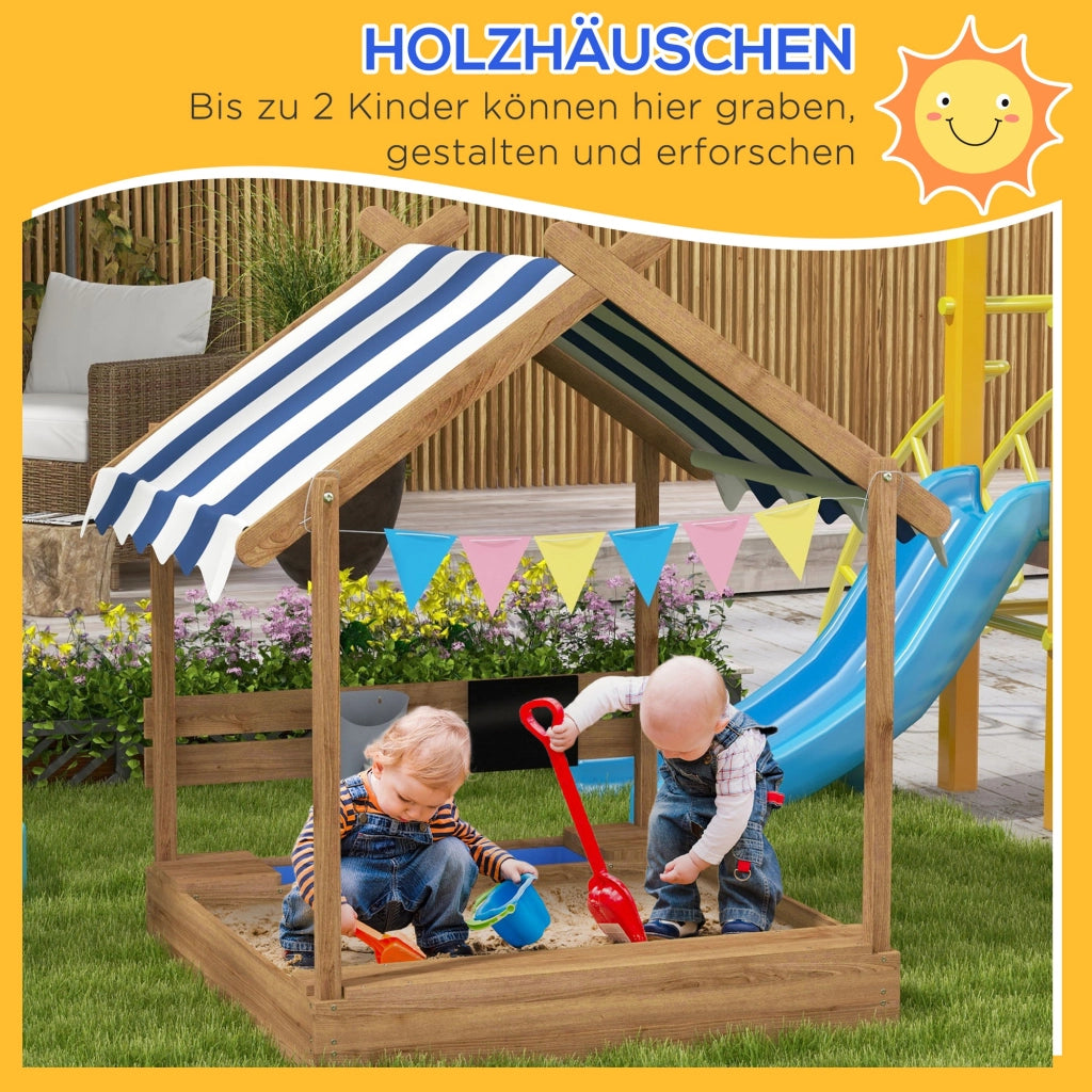 Casetta da Gioco con Sandbox e Tenda ¨C Zephmum ¨C Legno Massello Marrone 124x116x146 cm