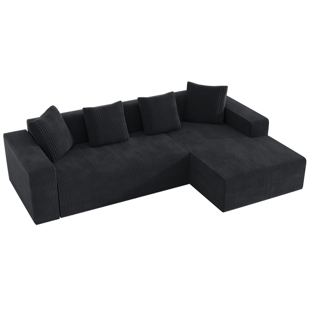 Divano modulare a L con chaise longue 261x146x65 cm in velluto a coste nero con 4 cuscini