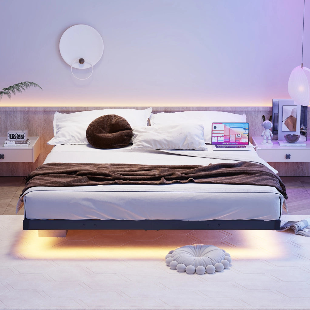 Struttura letto 140x190 cm con effetto sospeso, LED e stazione di ricarica
