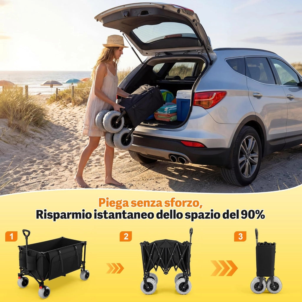 Carrello da Spiaggia Pieghevole 200L 150KG, Carrello Spiaggia per Tutti i Terreni con Ruote PU Extra Larghe 21.5x10 cm, Carretto Pieghevole Maniglia Regolabile 90° per Spiaggia, Campeggio(Nero)