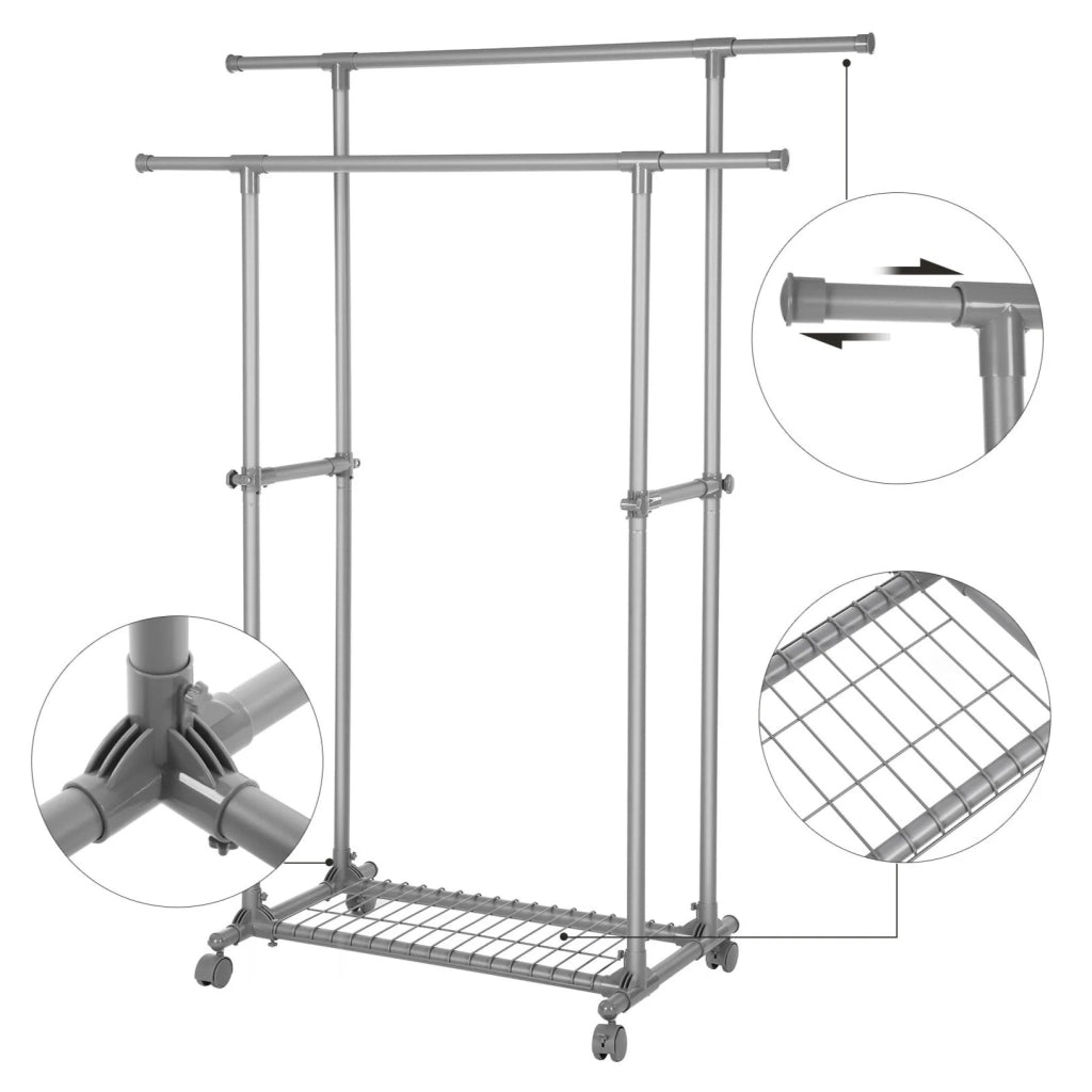 Appendiabiti mobile a doppia barra estensibile da 87 a 150 cm con ruote e ripiano portaoggetti portata 70 kg per cappotti e sciarpe grigio 12_0003488