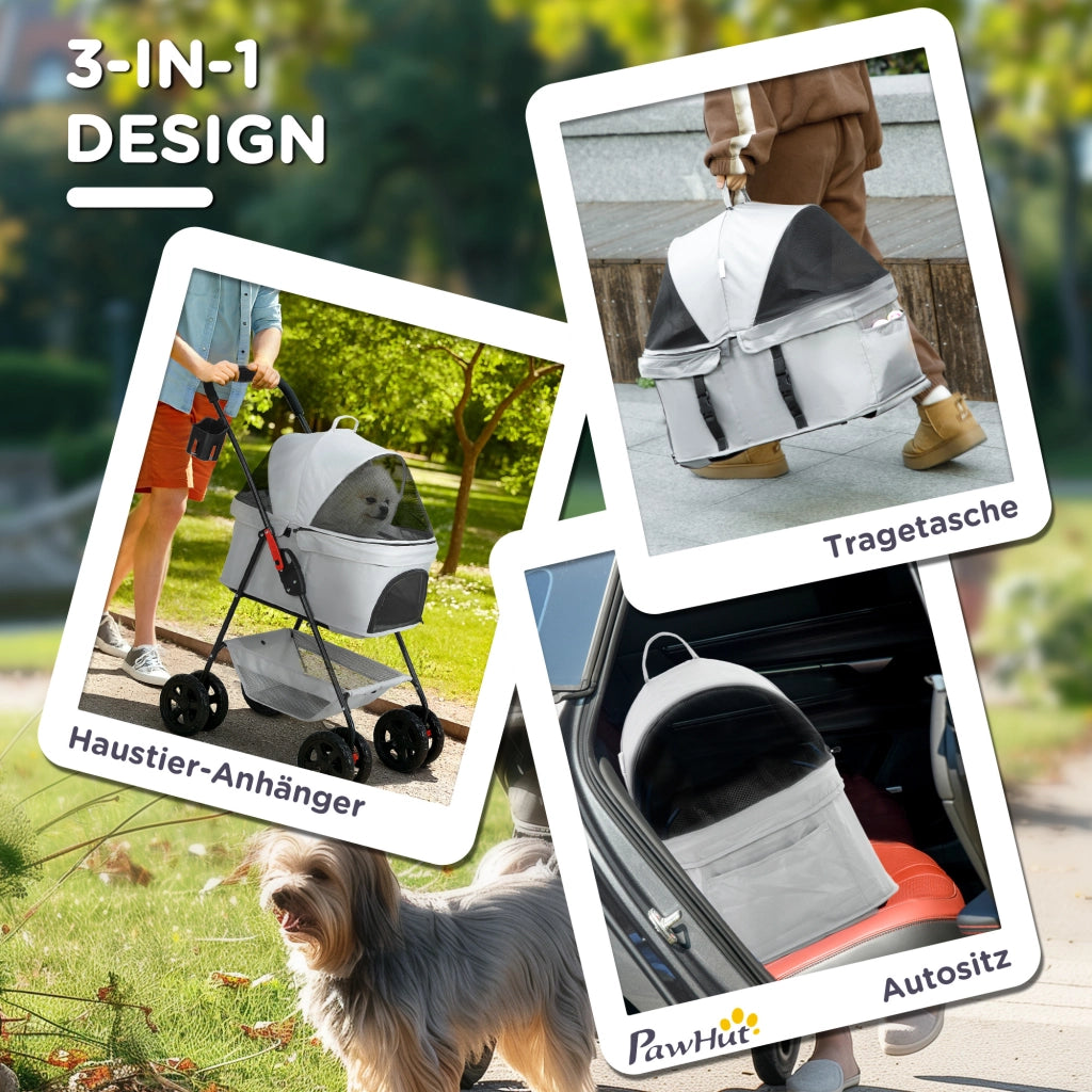 Carrello Trasporto Animali Domestici 3 in 1 ¨C Zephmum ¨C Grigio Pieghevole con 4 Ruote e Cestino Amovibile