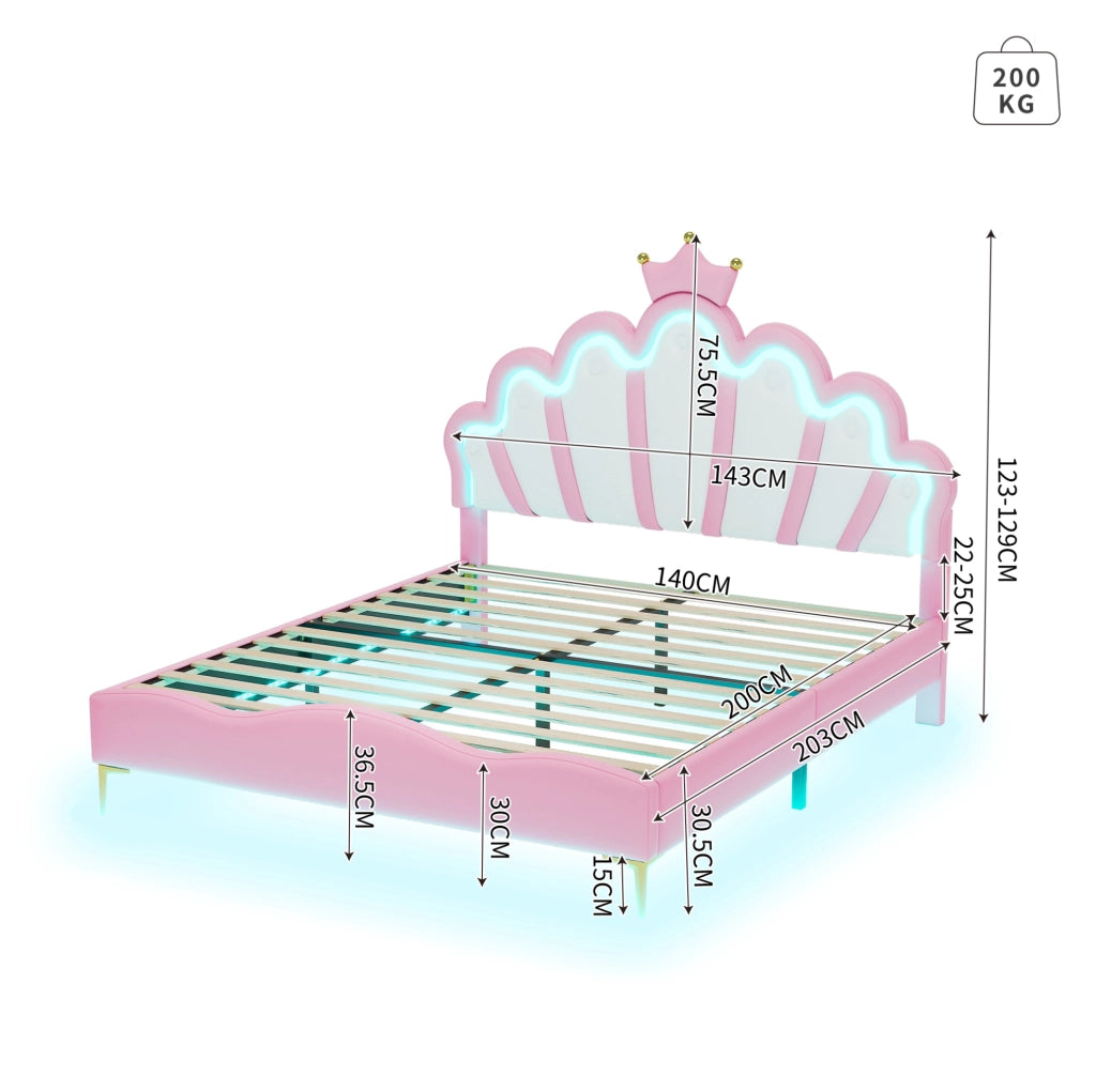 Letto matrimoniale 140x200 cm con luci LED; testiera a nuvola; similpelle PU; rosa