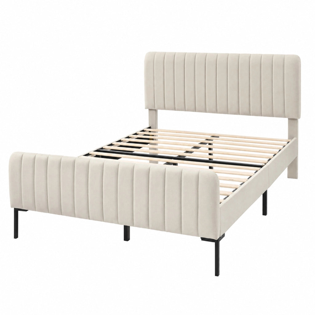 Letto imbottito 140x200 cm con rete a doghe, testiera regolabile e struttura in legno/metallo, colore Grigio-Beige