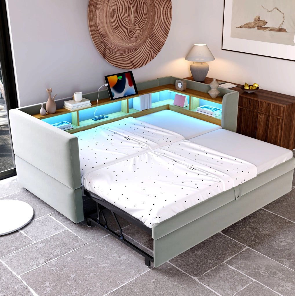 Divano letto 90/180x190 cm con LED; prese e vani contenitore; in flanella grigio chiaro