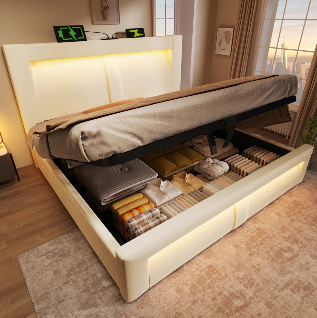 Letto matrimoniale 140x200 con contenitore LED USB-C beige