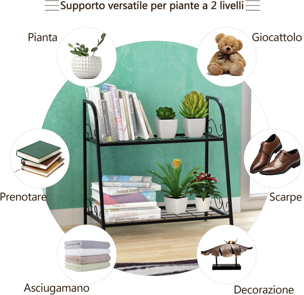 Scaffale Portafiori a 2 Ripiani, Porta Piante da Esterno e Interno a Scala, Scaffale Porta Vasi di Metallo per Balcone, Soggiorno e Giardino, 63 x 30,5 x 61,5 cm