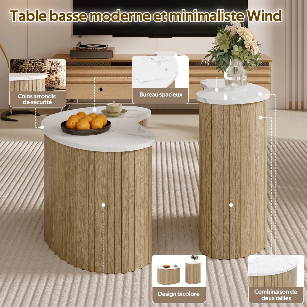 Tavolini da Caffè Nidificabili con 2 Piani; Effetto Marmo e Legno; Stile Scandinavo; in MDF; Naturale/Bianco