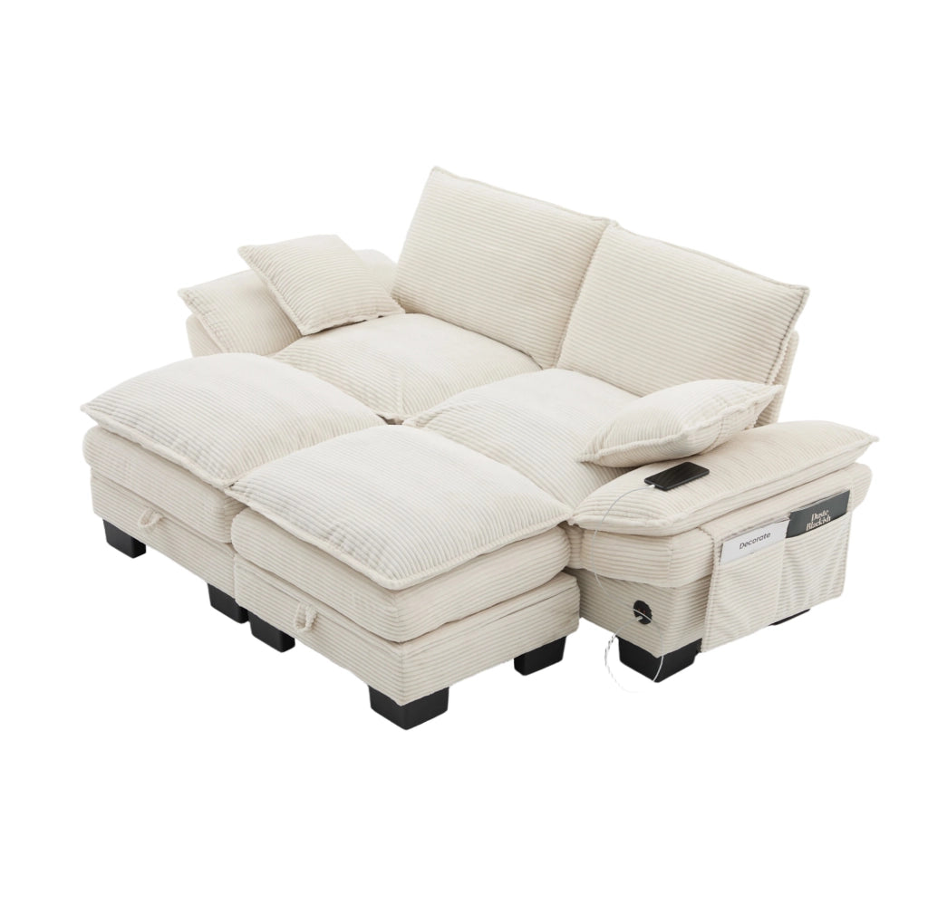 Divano modulare 2 posti in velluto a coste con 2 pouf; USB-C; 190x132x84 cm; beige