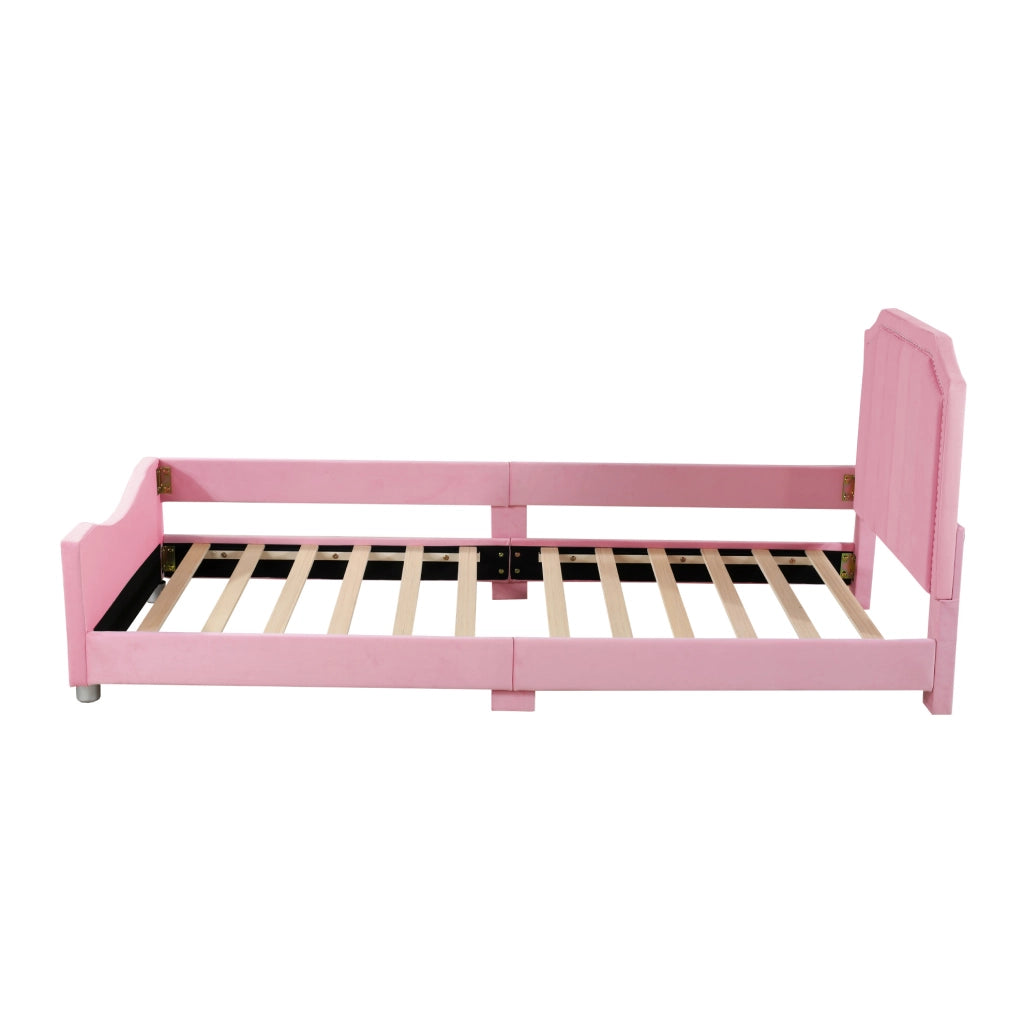Letto imbottito per bambini 90x200 cm con schienale e braccioli in flanella rosa
