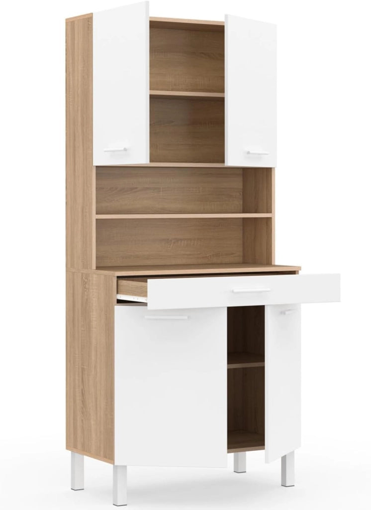 Comò da cucina CINA 80 CM con 4 ante + cassetto, finitura faggio e bianco