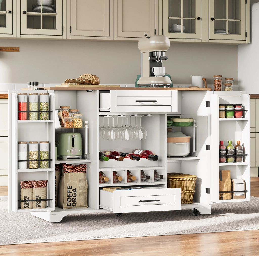 Carrello cucina con piano ribaltabile e portabottiglie, bianco
