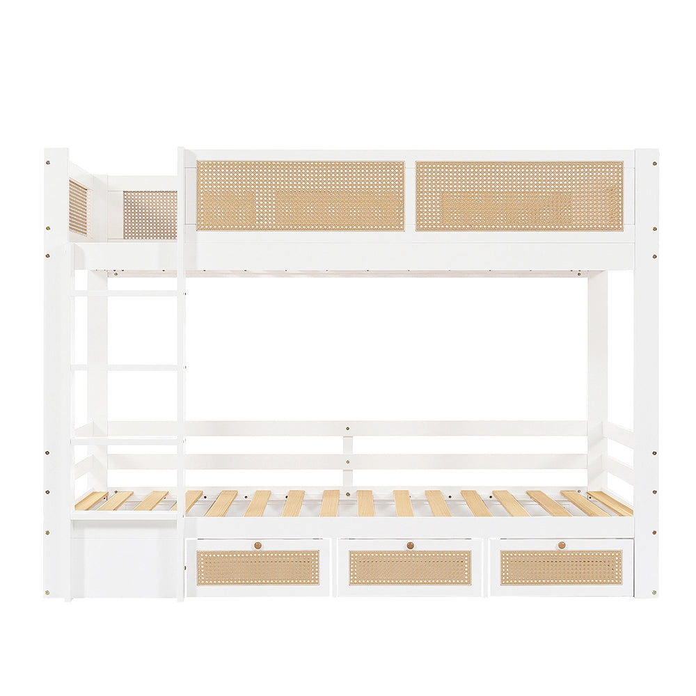 Letto a castello in vimini - Xylo - 90x200cm bianco/naturale, 3 cassetti