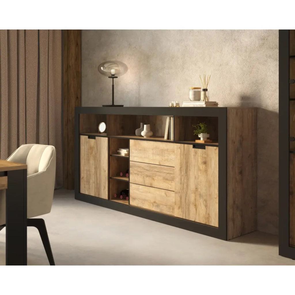 Buffet alto XL MEUNIER – 2 porte scorrevoli, 3 cassetti & 6 nicchie – Rovere Samdal & nero opaco