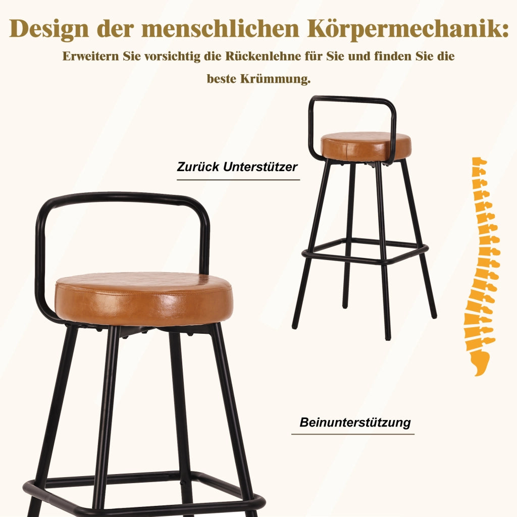 Sgabello da bar con schienale ergonomico, seduta imbottita in PU idrorepellente e gambe in ferro marrone